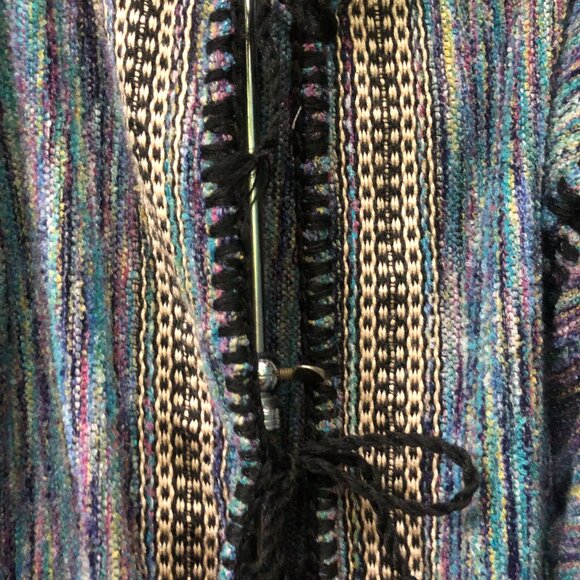 90s Hippie Baja Woven Hoodie , Open Front Sweater , Pointed Hood - Picture 3 of 9